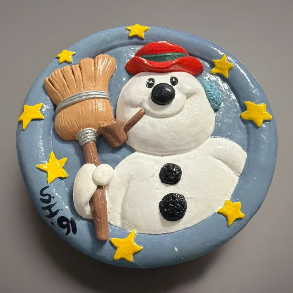 Handpainted Glass Candy Jar with Snowman Christmas Lid‎ Signed